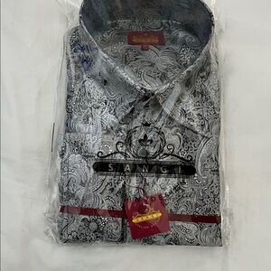 Mens 2050 Sangi Milan Collection High Collar Shirt Sparkly Black Silver Scroll